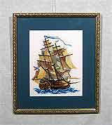 Вышивка «Корабль» 36,0х30,3
(рамка деревянная, стекло антибликовое, задник, установка работы в раму, паспарту, вырез окна в паспарту, натяжка вышивка)
